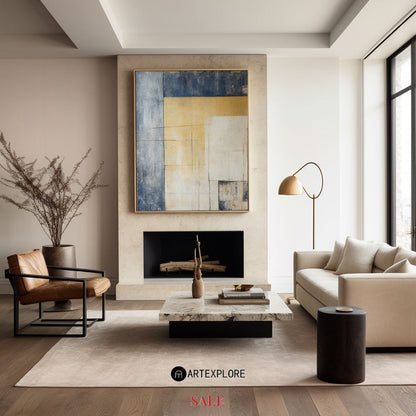 Contemporary Blue and Yellow Abstract Oil Painting for Modern Home Décor