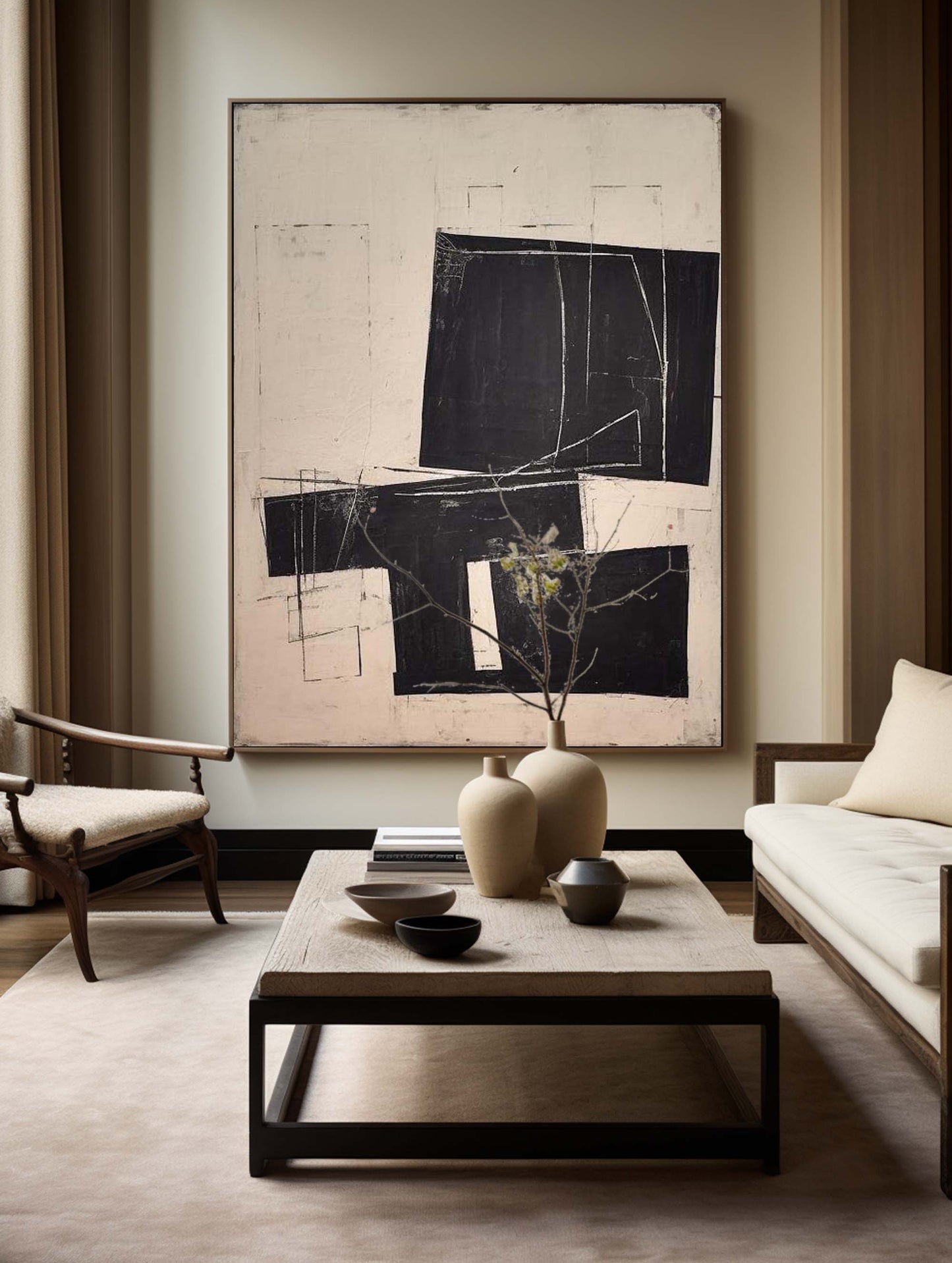 Contemporary Minimalist Black and White Abstract Oil Painting for Modern Homes