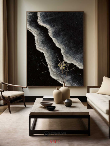 Monochrome Coastal Waves Oil Painting - Modern Black and White Art for Home D√©cor