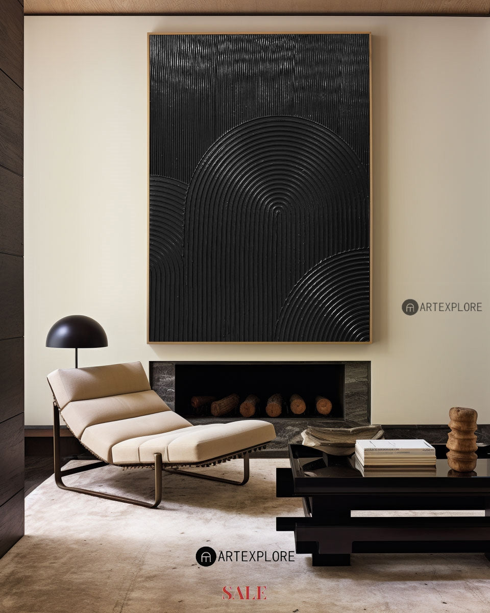 Sleek Black Minimalist Abstract Oil Painting with Textured Waves and Modern Design