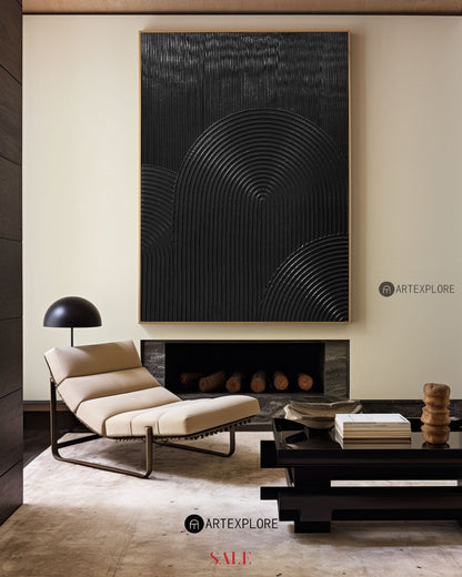 Sleek Black Minimalist Abstract Oil Painting with Textured Waves and Modern Design