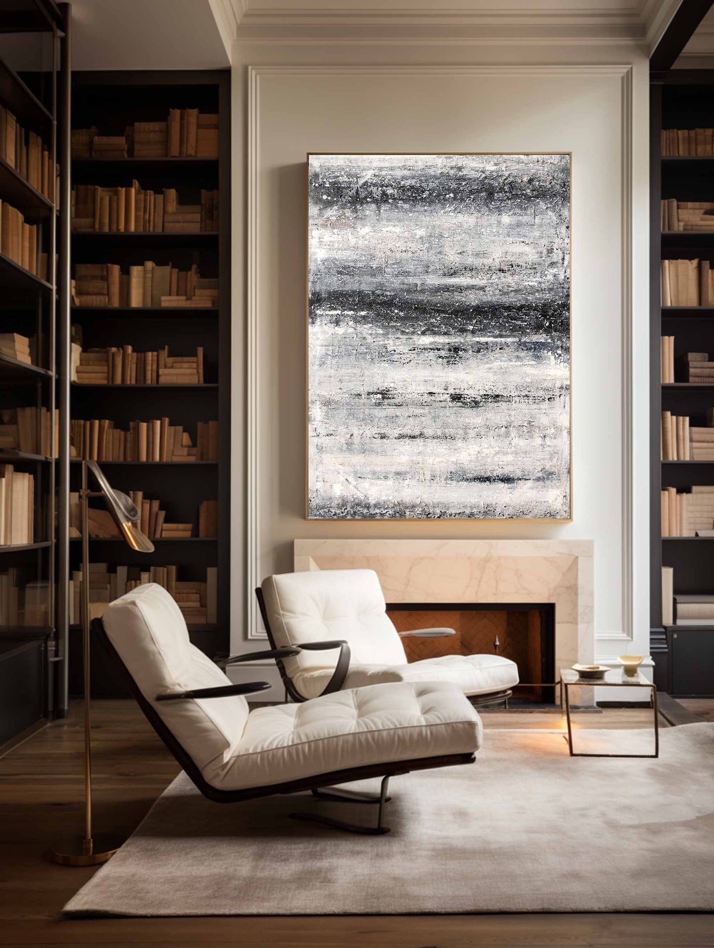 Monochrome Coastal Serenity: Abstract Black and White Beach Oil Painting