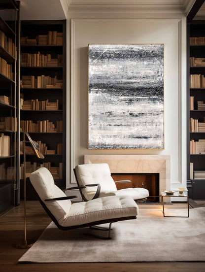 Monochrome Coastal Serenity: Abstract Black and White Beach Oil Painting