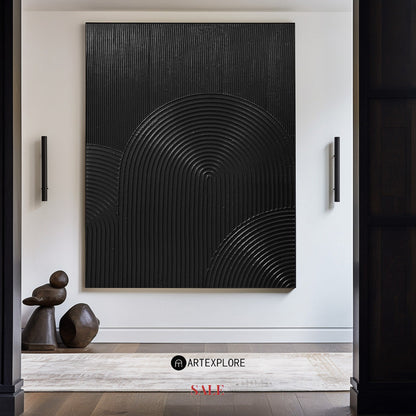 Sleek Black Minimalist Abstract Oil Painting with Textured Waves and Modern Design