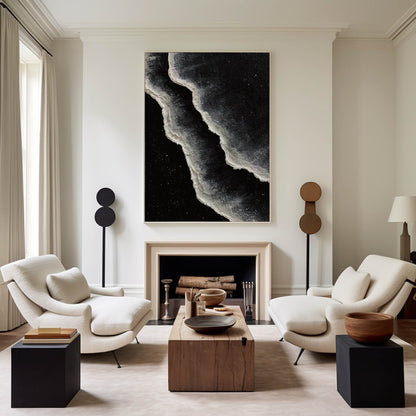 Monochrome Coastal Waves Oil Painting - Modern Black and White Art for Home D√©cor