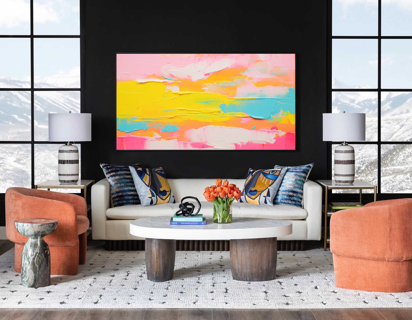 Vibrant Abstract Landscape Oil Painting in Pink and Yellow Hues for Modern Decor