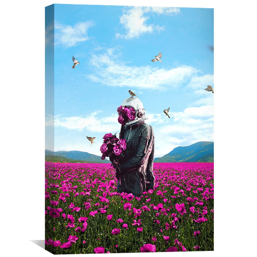 Whimsical Astronaut Surrounded by Vibrant Flowers and Birds Oil Painting