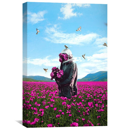 Whimsical Astronaut Surrounded by Vibrant Flowers and Birds Oil Painting