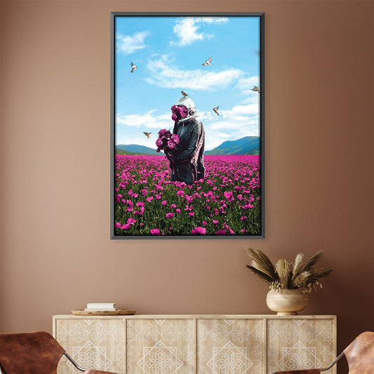 Whimsical Astronaut Surrounded by Vibrant Flowers and Birds Oil Painting