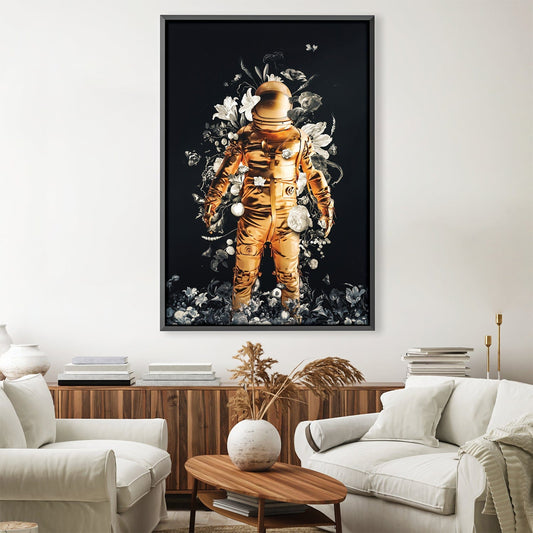 Cosmic Flora: Stunning Oil Painting of an Astronaut Surrounded by Floral Artistry