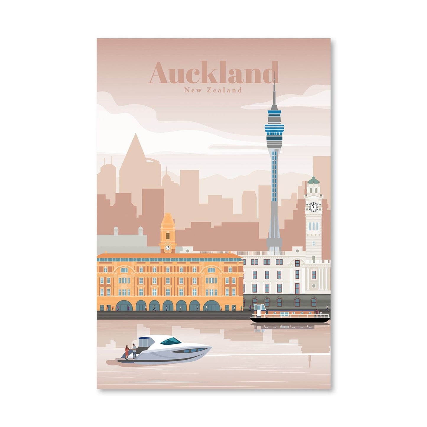 Auckland Cityscape Oil Painting - Tranquil Waterfront View of New Zealand's Iconic Skyline