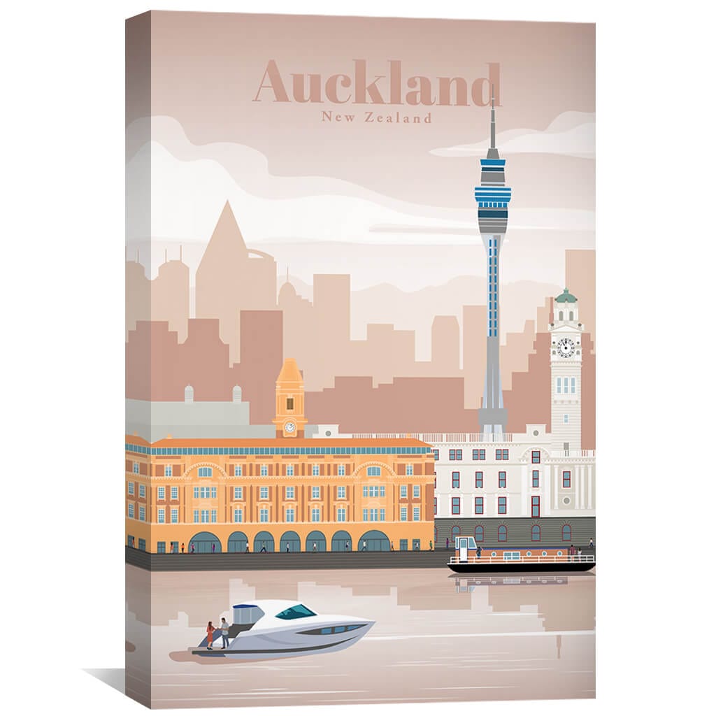 Auckland Cityscape Oil Painting - Tranquil Waterfront View of New Zealand's Iconic Skyline