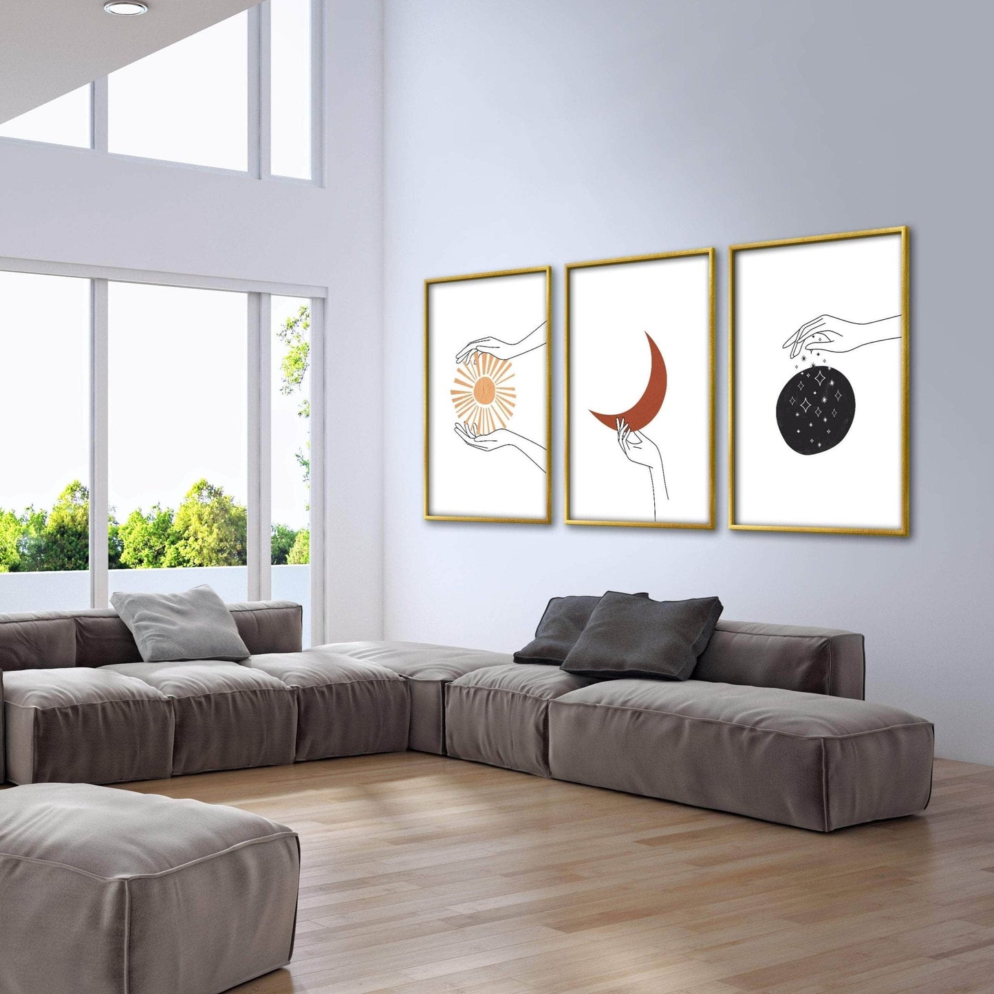Abstract Hands Oil Painting - Mystical Sun, Moon, and Stars Canvas Art