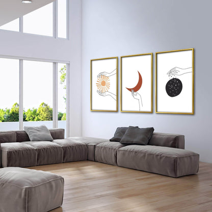 Abstract Hands Oil Painting - Mystical Sun, Moon, and Stars Canvas Art