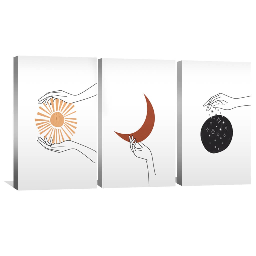Abstract Hands Oil Painting - Mystical Sun, Moon, and Stars Canvas Art