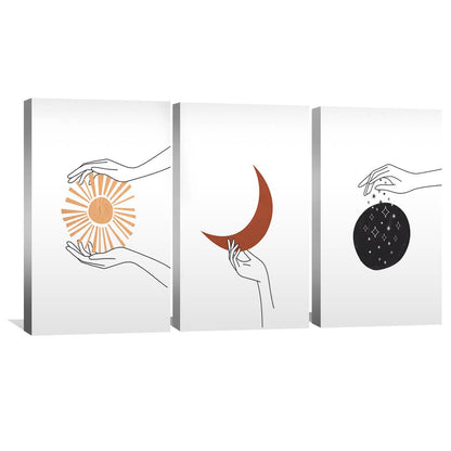 Abstract Hands Oil Painting - Mystical Sun, Moon, and Stars Canvas Art