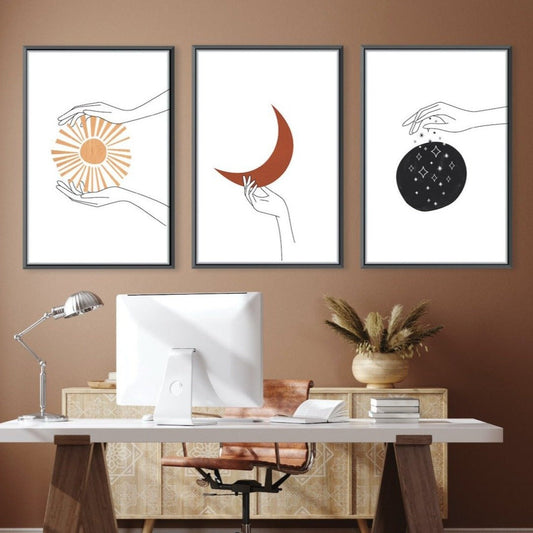 Abstract Hands Oil Painting - Mystical Sun, Moon, and Stars Canvas Art