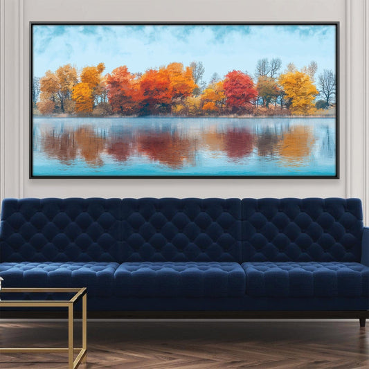 Vibrant Autumn Reflections - Colorful Oil Painting of Fall Foliage and Tranquil Waters