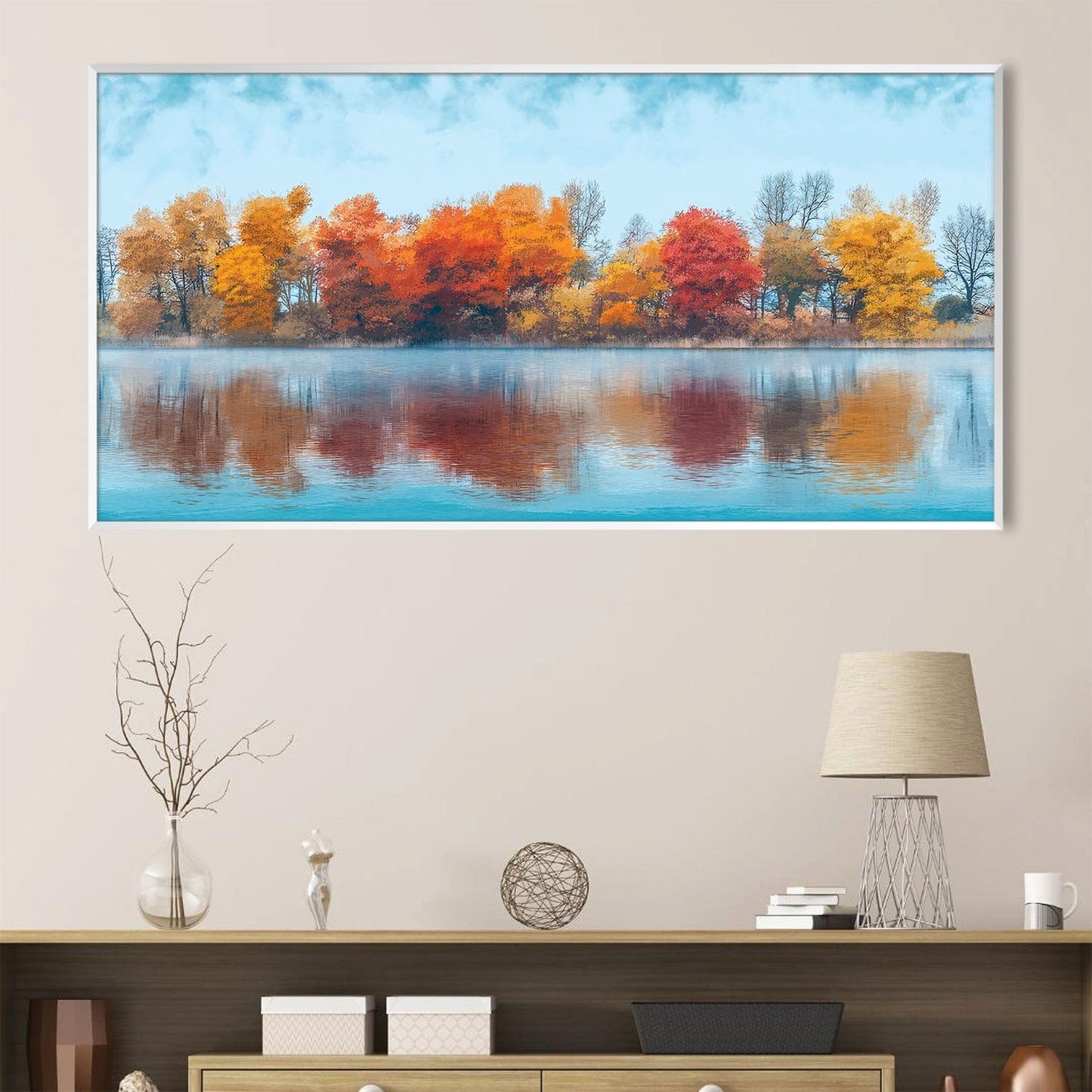 Vibrant Autumn Reflections - Colorful Oil Painting of Fall Foliage and Tranquil Waters