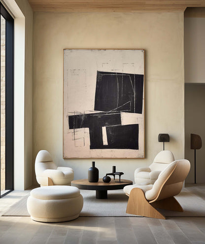 Contemporary Minimalist Black and White Abstract Oil Painting for Modern Homes