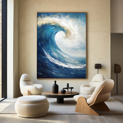 Majestic Blue Wave Oil Painting - Vibrant Seascape Art for Beach Lovers