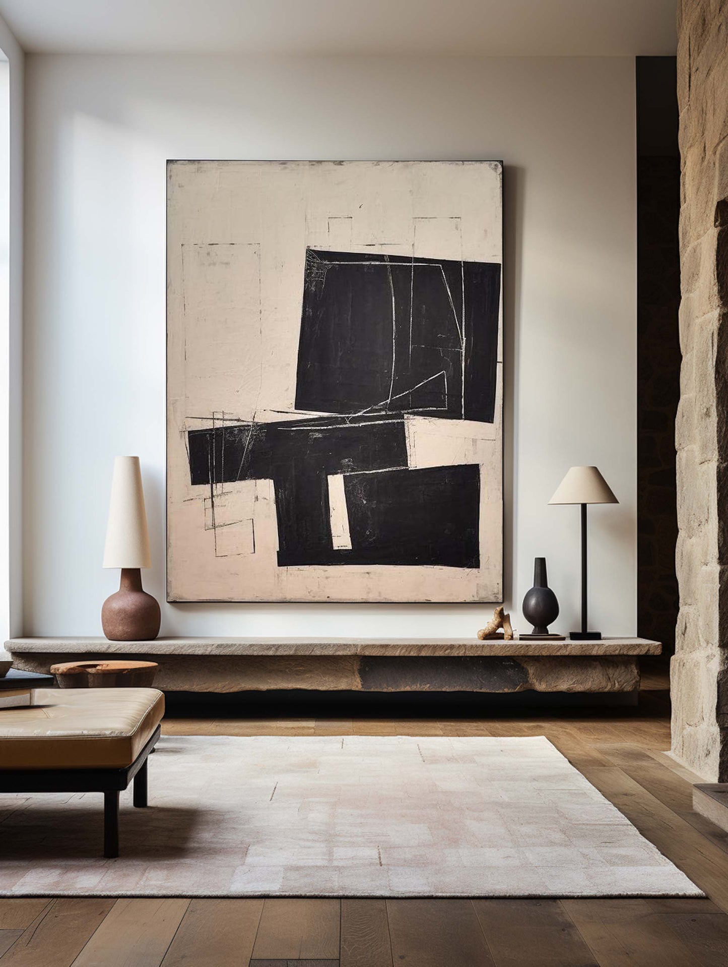 Contemporary Minimalist Black and White Abstract Oil Painting for Modern Homes