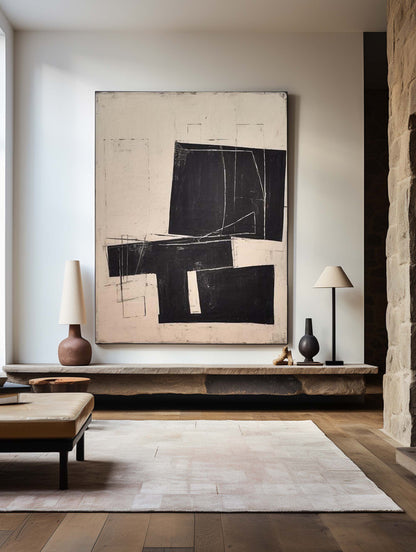 Contemporary Minimalist Black and White Abstract Oil Painting for Modern Homes