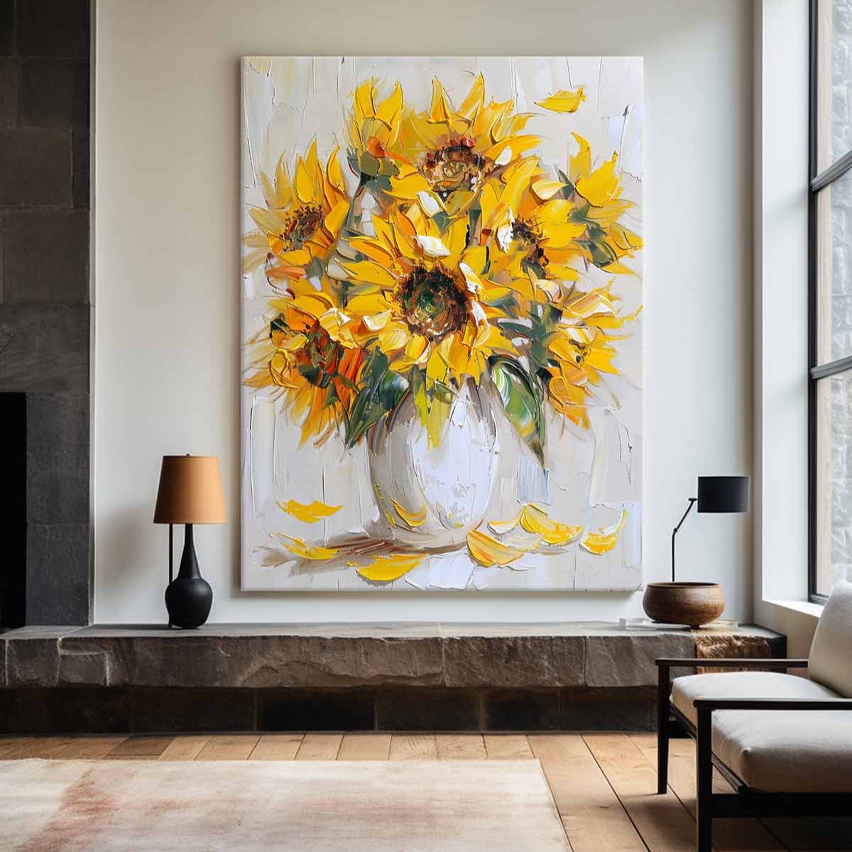 Vibrant Sunflower Bouquet in White Vase | Original Oil Painting Decor