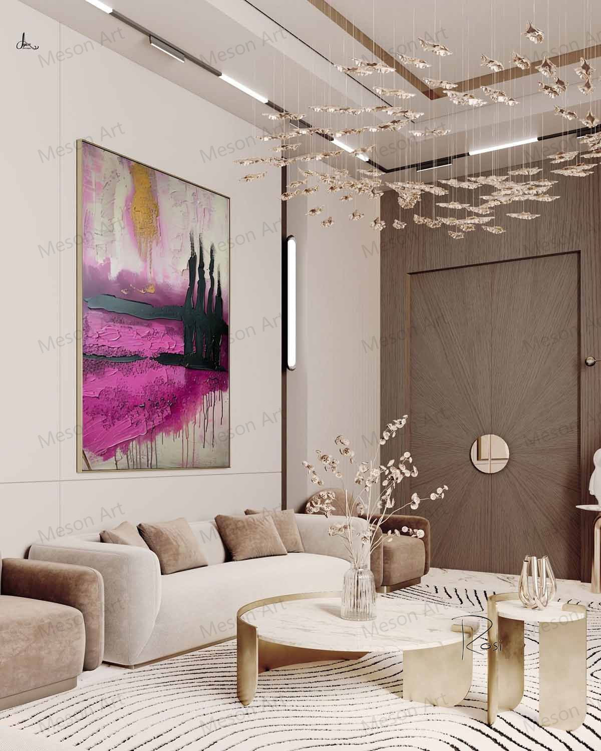 Abstract Pink and Black Oil Painting with Gold Accents for Modern Home Decor