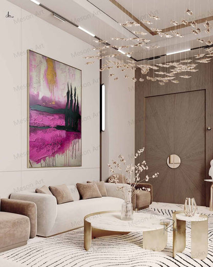 Abstract Pink and Black Oil Painting with Gold Accents for Modern Home Decor