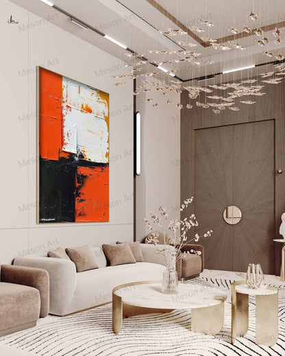 Abstract Orange and Black Oil Painting for Modern Home Decor