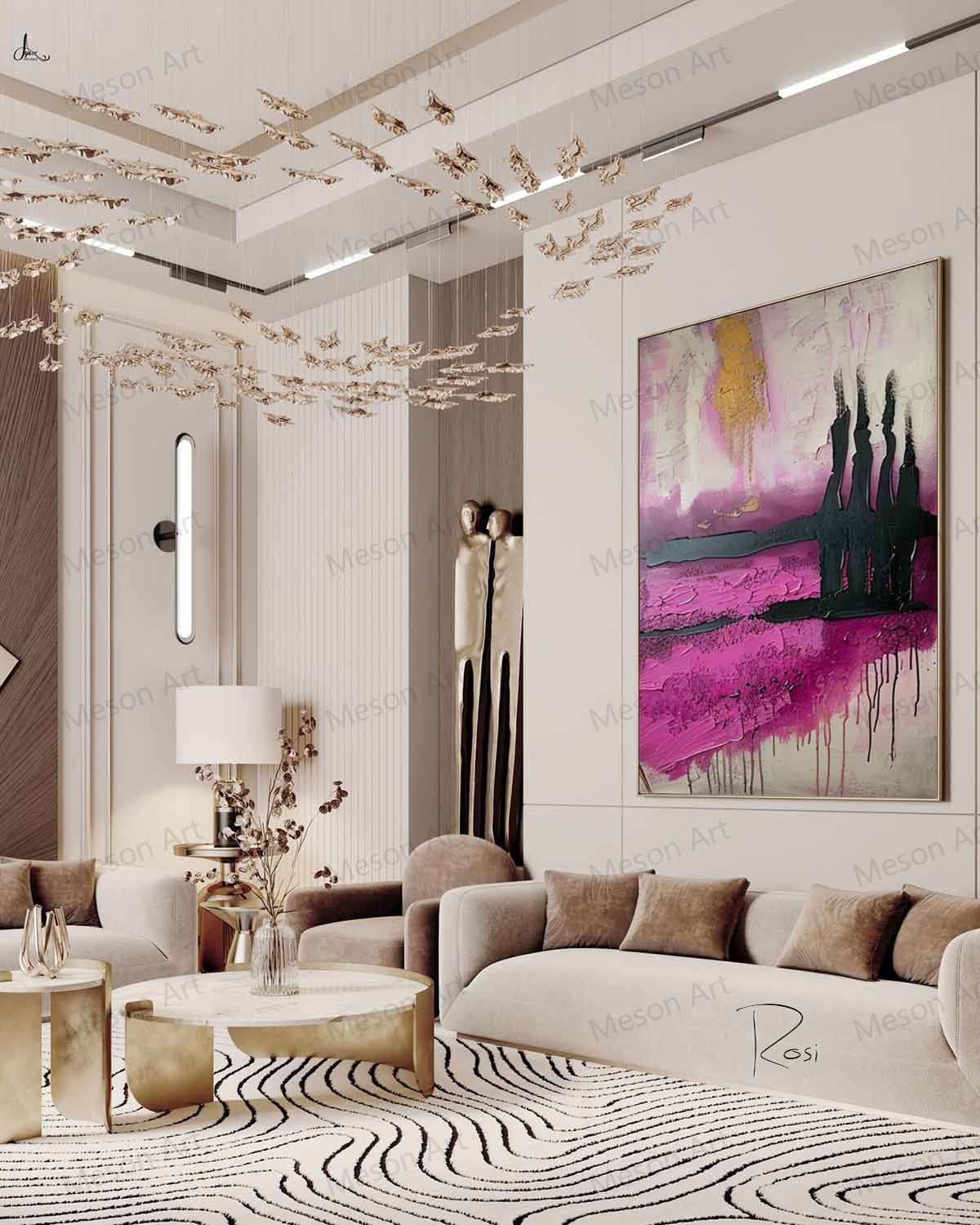 Abstract Pink and Black Oil Painting with Gold Accents for Modern Home Decor