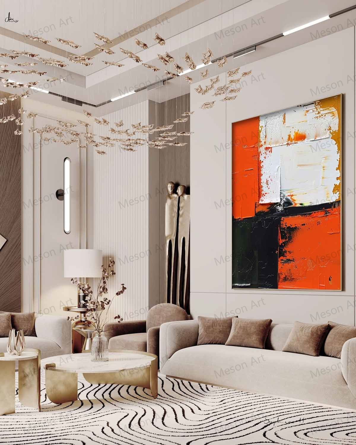 Abstract Orange and Black Oil Painting for Modern Home Decor