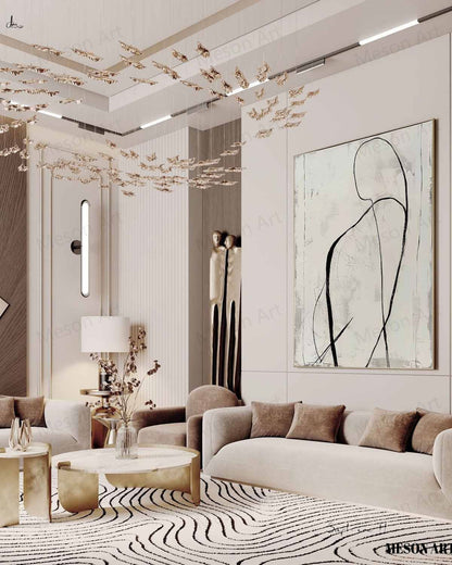 Elegant Black and White Abstract Minimalist Oil Painting for Modern Home Decor