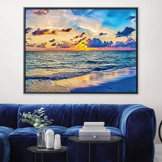 Serene Ocean View Oil Painting - Vibrant Sunset Reflection on Tranquil Waves