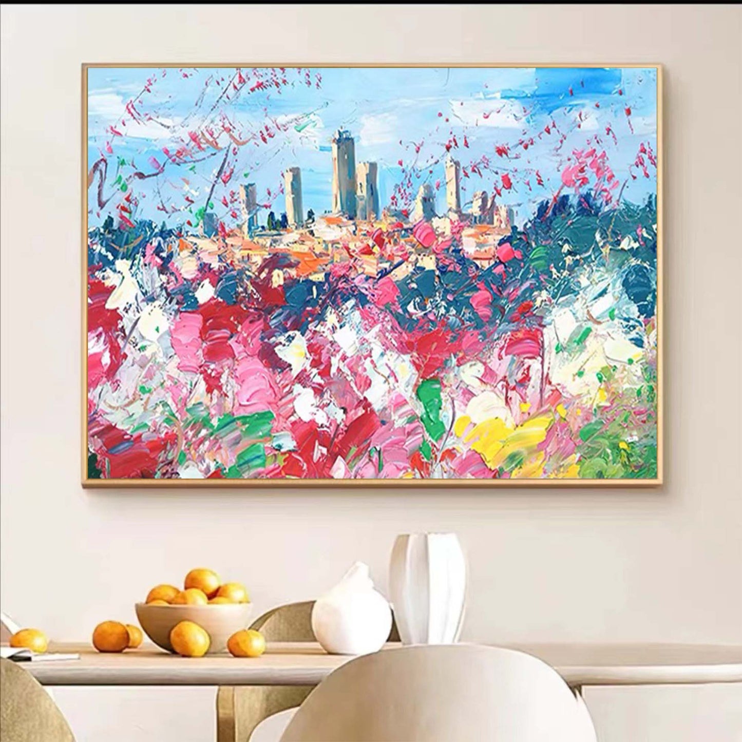 Vibrant Cityscape Oil Painting with Colorful Floral Foreground