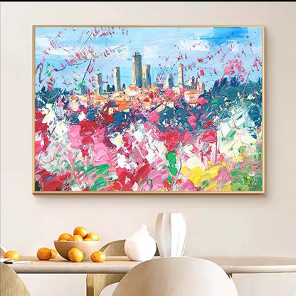 Vibrant Cityscape Oil Painting with Colorful Floral Foreground