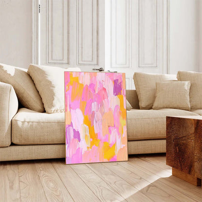 Vibrant Abstract Oil Painting in Pink and Yellow for Colorful Home Decor