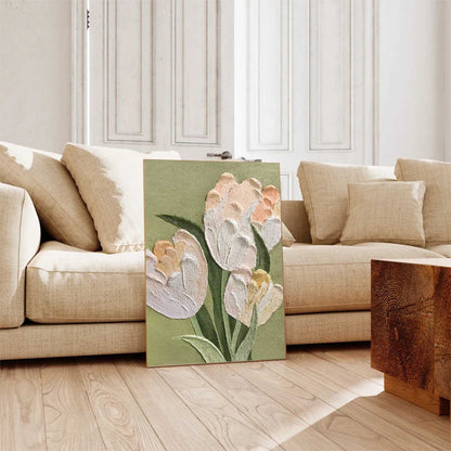 Elegant White Tulip Oil Painting on Green Canvas for Floral Home Decor