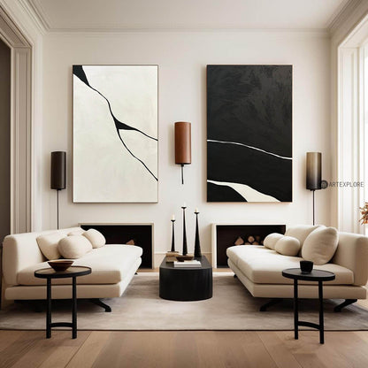 Two-Piece Black and White Abstract Oil Painting Set for Modern Home Decor