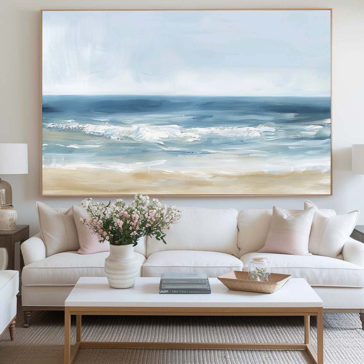 Serene Coastal Oil Painting with Gentle Waves and Soft Sand Shoreline