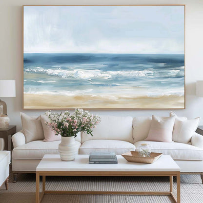 Serene Coastal Oil Painting with Gentle Waves and Soft Sand Shoreline