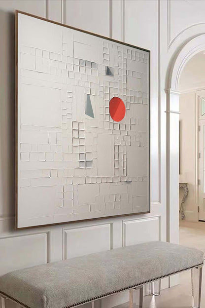 Abstract Textured Oil Painting with Bold Red Circle and Geometric Elements