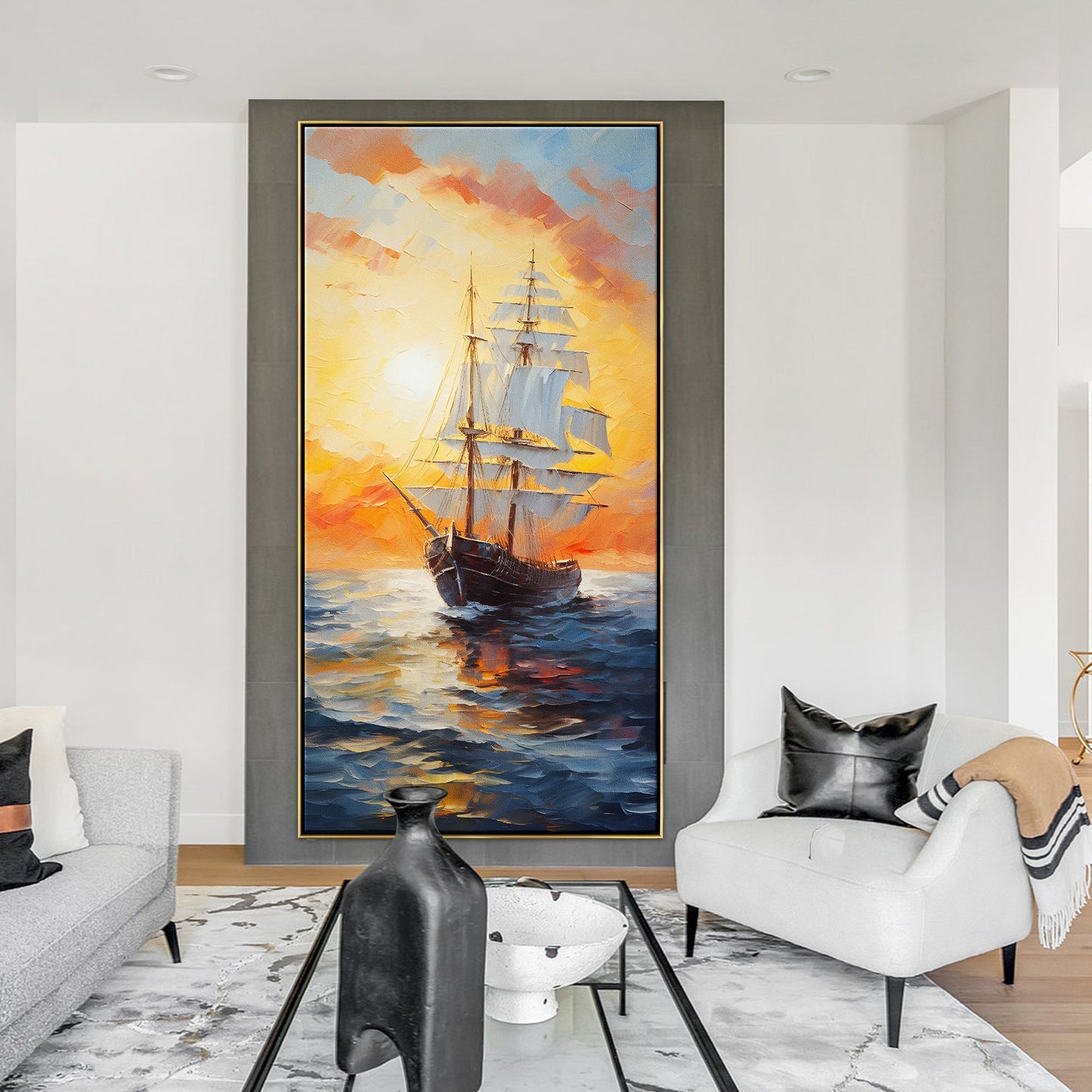 Majestic Sailing Ship at Sunset – Stunning Oil Painting of Ocean Adventure