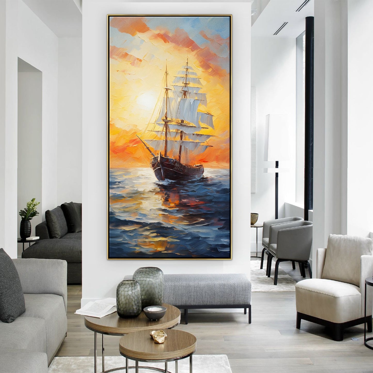 Majestic Sailing Ship at Sunset – Stunning Oil Painting of Ocean Adventure