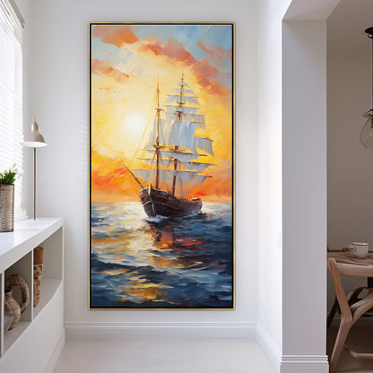 Majestic Sailing Ship at Sunset – Stunning Oil Painting of Ocean Adventure