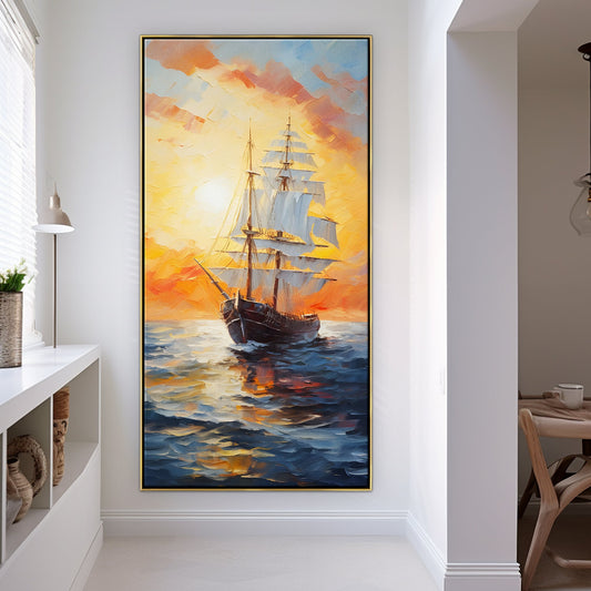 Majestic Sailing Ship at Sunset – Stunning Oil Painting of Ocean Adventure