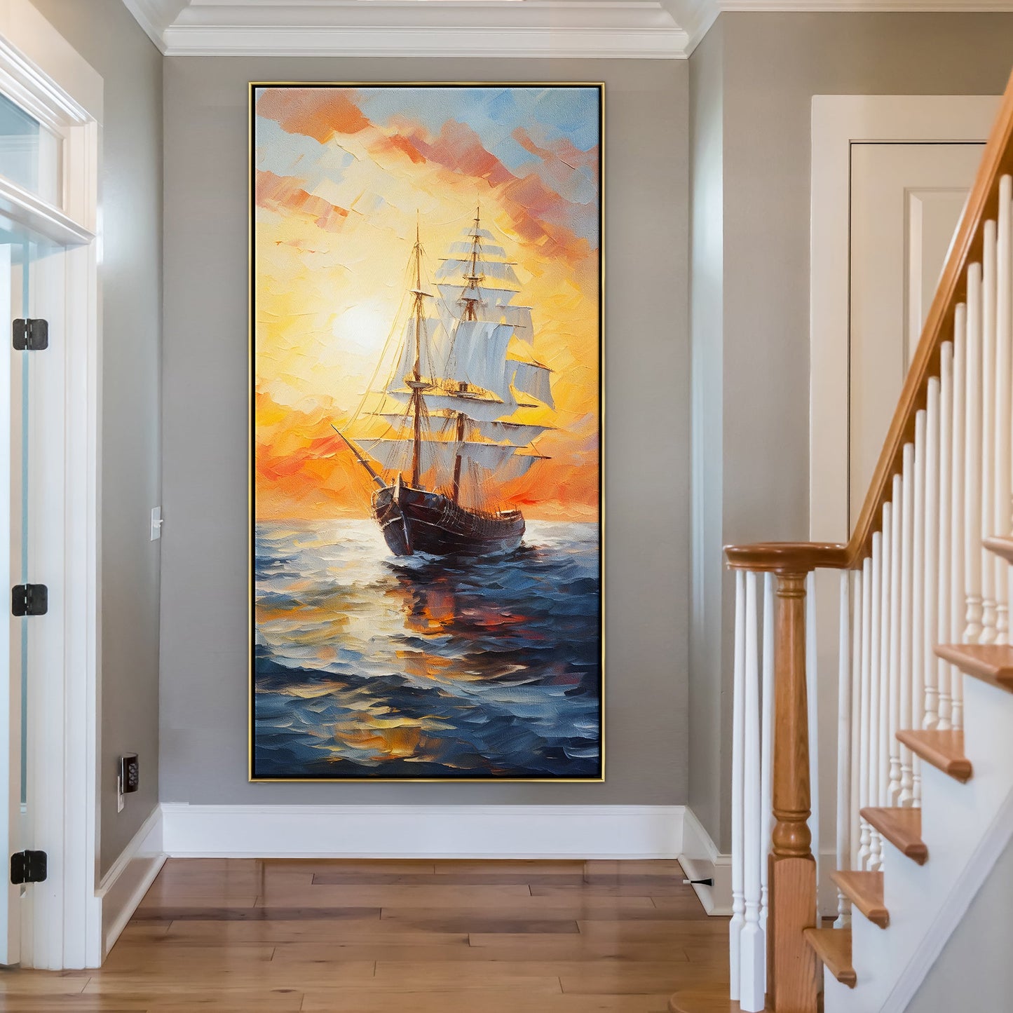 Majestic Sailing Ship at Sunset – Stunning Oil Painting of Ocean Adventure