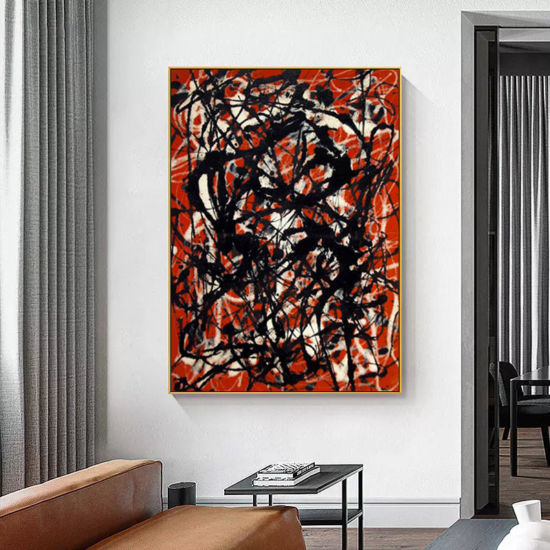 Abstract Oil Painting with Bold Red and Black Brush Strokes for Modern Decor