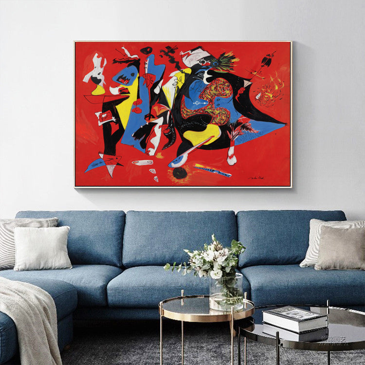 Vibrant Abstract Oil Painting of a Festive Celebration on Bold Red Canvas